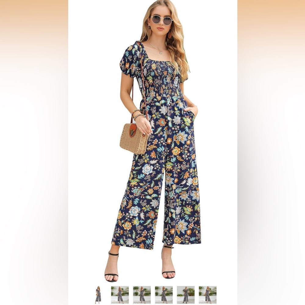 Navy Floral Wide Leg Jumpsuit with Puff Sleeves and Back Tie One Piece